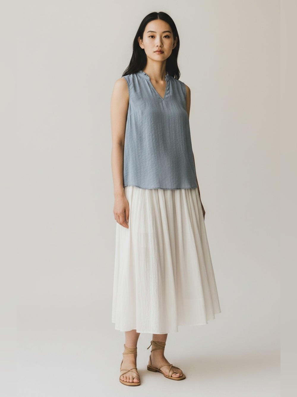 Modern Ambition Blue Fog Ruffled V-Neck Sleeveless Blouse Medium NWT Travel